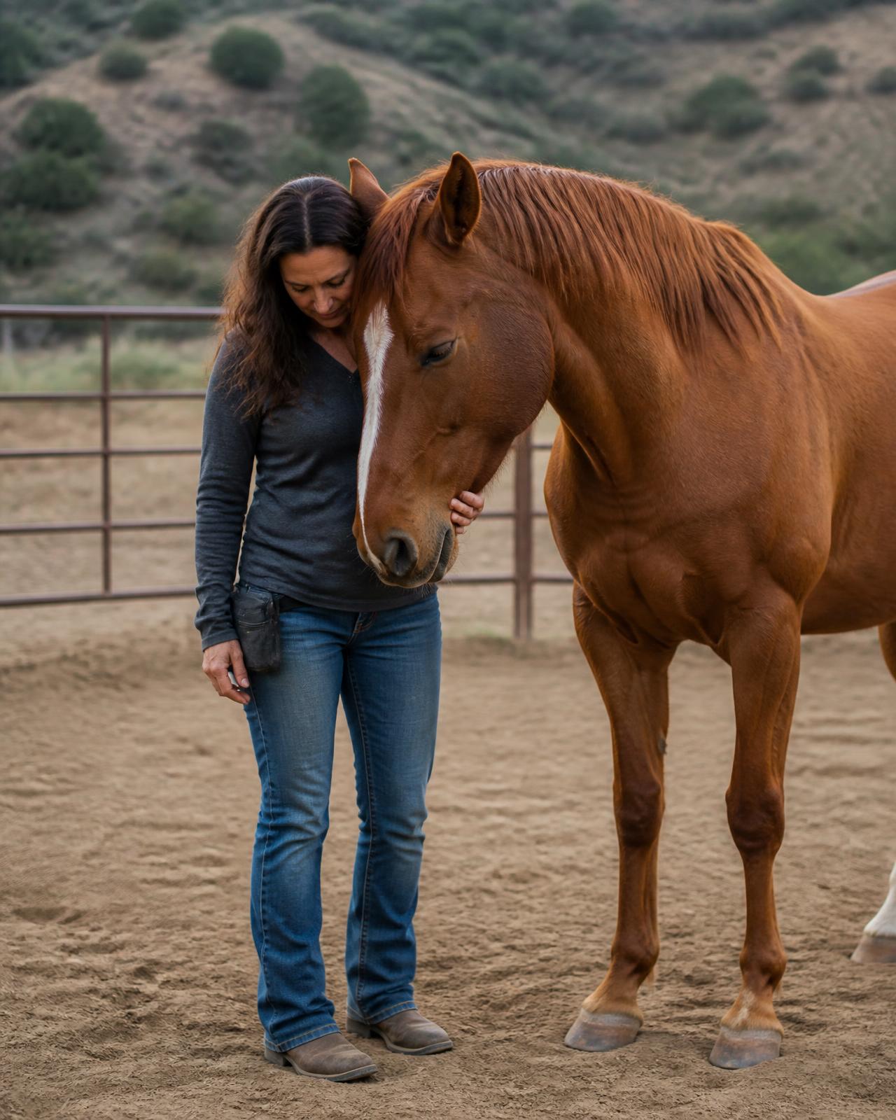 A woman standing calmly beside a chestnut horse during an equine-assisted therapy session